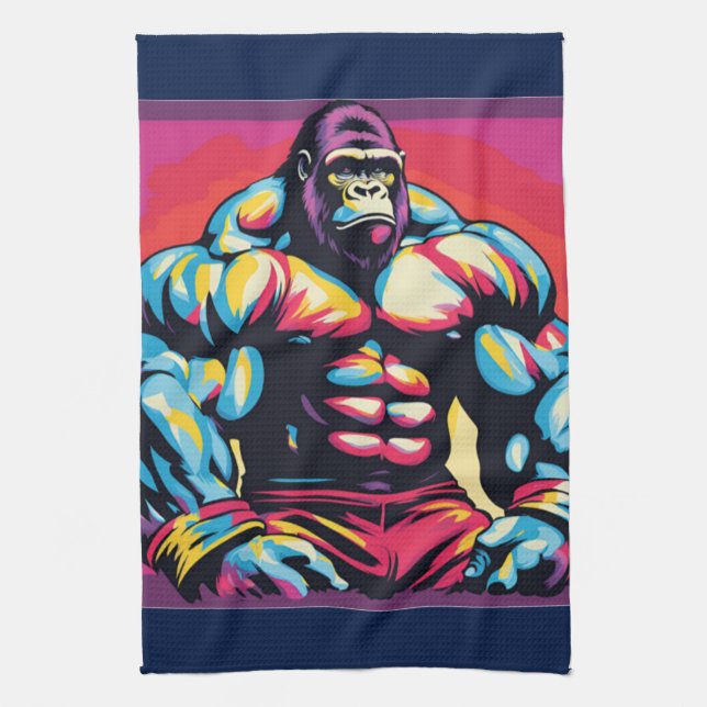 Gorilla Bodybuilder Lifter Pop Art Cartoon Tea Towel (Vertical)