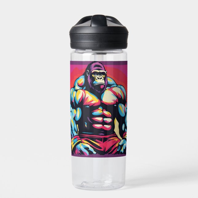 Gorilla Bodybuilder Lifter Pop Art Cartoon Water Bottle (Front)