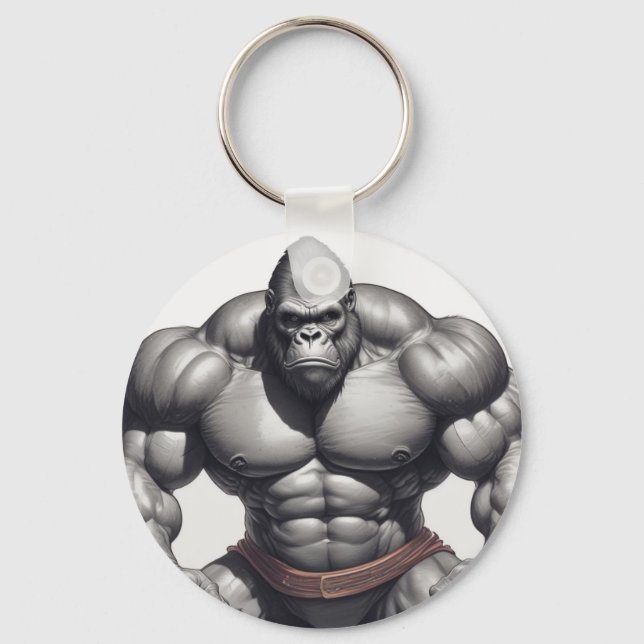 Gorilla Bodybuilder Pop Art Cartoon Drawing Key Ring (Front)