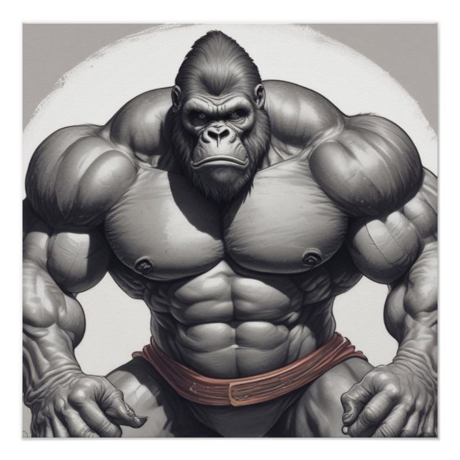 Gorilla Bodybuilder Pop Art Cartoon Drawing Poster (Front)