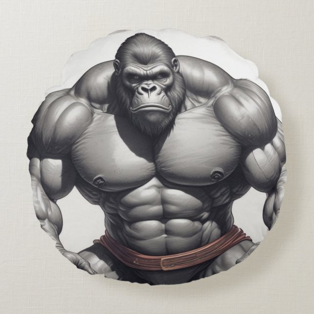 Gorilla Bodybuilder Pop Art Cartoon Drawing Round Cushion (Front)