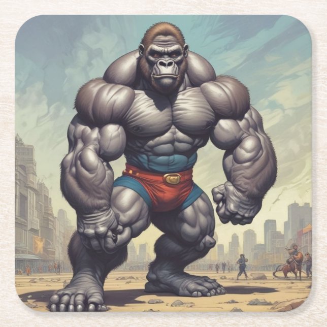 Gorilla Bodybuilder Pop Art Cartoon Drawing Square Paper Coaster (Front)