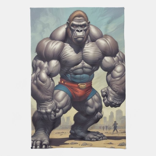 Gorilla Bodybuilder Pop Art Cartoon Drawing Tea Towel (Vertical)