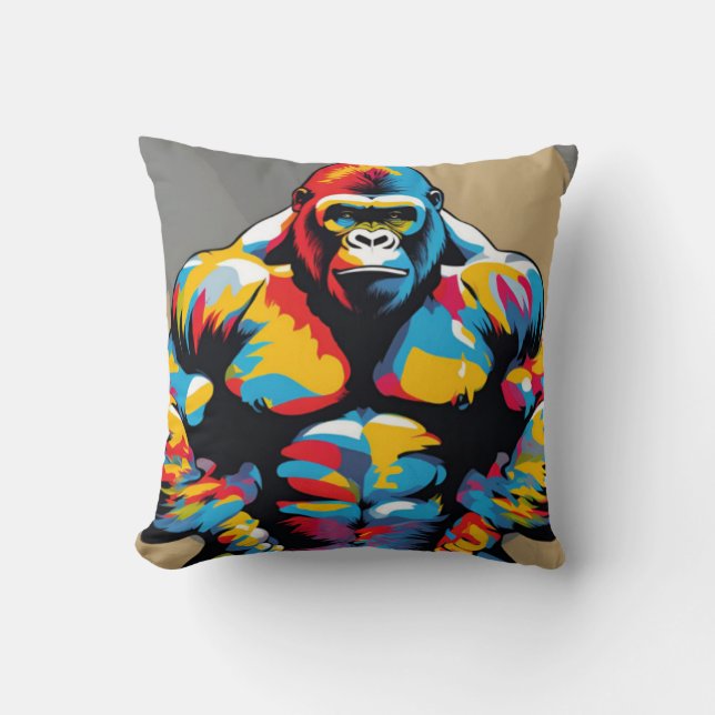 Gorilla Bodybuilder Weight Lifter Pop Art Cartoon Cushion (Front)
