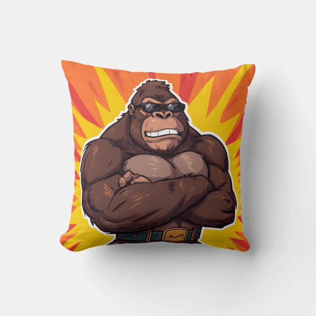 Gorilla Bodybuilder Weight Lifter Pop Art Cartoon Cushion (Front)