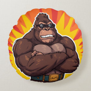 Gorilla Bodybuilder Weight Lifter Pop Art Cartoon Round Cushion
