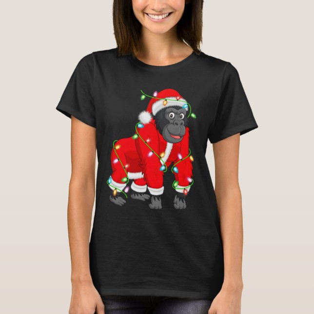 Gorilla Christmas Lights Santa Costume Cute Animal T-Shirt (Front)