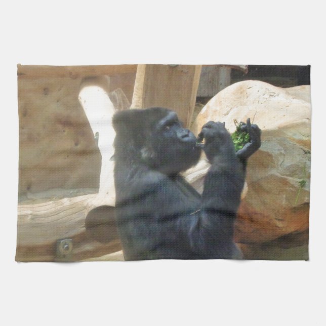 Gorilla eating his lunch, Animal, Wildlife, Ape Tea Towel (Horizontal)