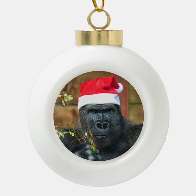 Gorilla Festive Cheer Unleashed Ceramic Ball Christmas Ornament (Front)