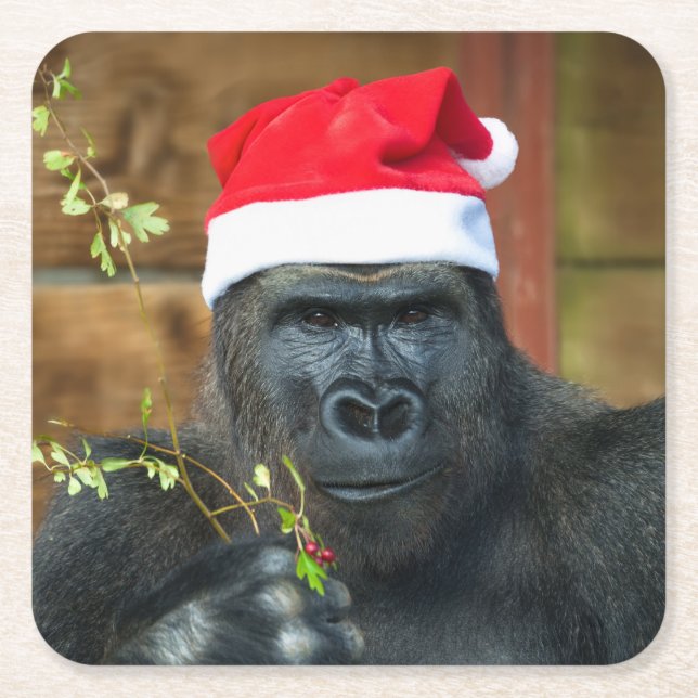 Gorilla Festive Cheer Unleashed Square Paper Coaster (Front)