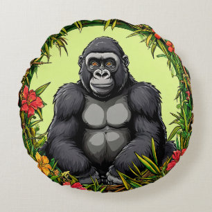 Gorilla in a Tropical Bamboo Frame Round Cushion