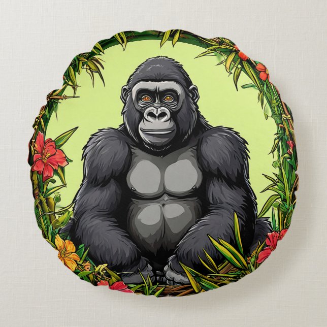 Gorilla in a Tropical Bamboo Frame Round Cushion (Front)