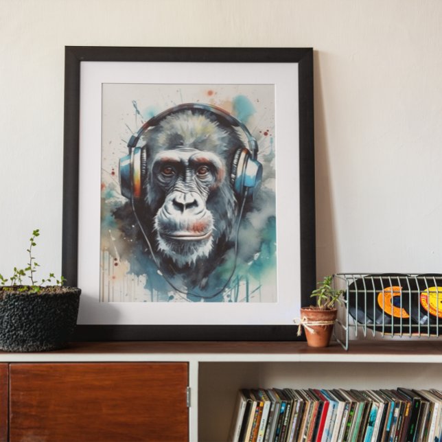 Gorilla listening to headphones poster (Creator Uploaded)