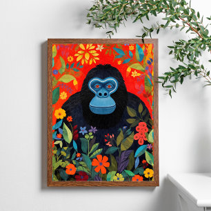 Gorilla Painting Colorful Flowers Leaves Poster