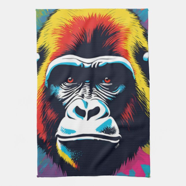 Gorilla Pop Art Cartoon Drawing Tea Towel (Vertical)