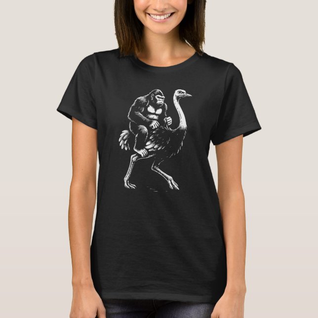 Gorilla Riding a Ostrich Illustration T-Shirt (Front)