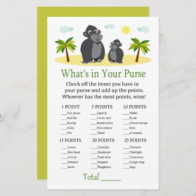 Gorilla What's in your purse game baby shower (Front/Back)
