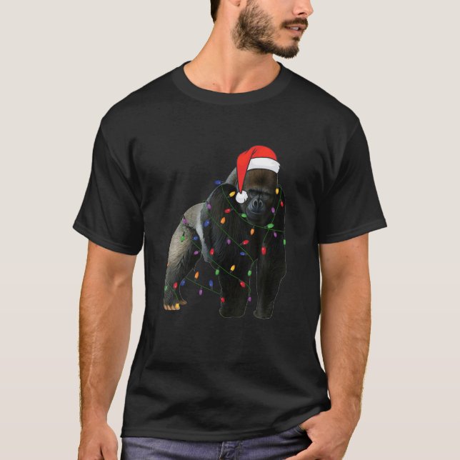 Gorilla With Santa's Hat Christmas Lights T Family T-Shirt (Front)