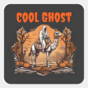 Gost riding a camel by pumpkins square sticker