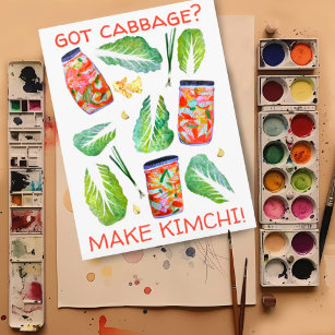 Got Cabbage? Make Kimchi Fun Spicy Watercolor Postcard