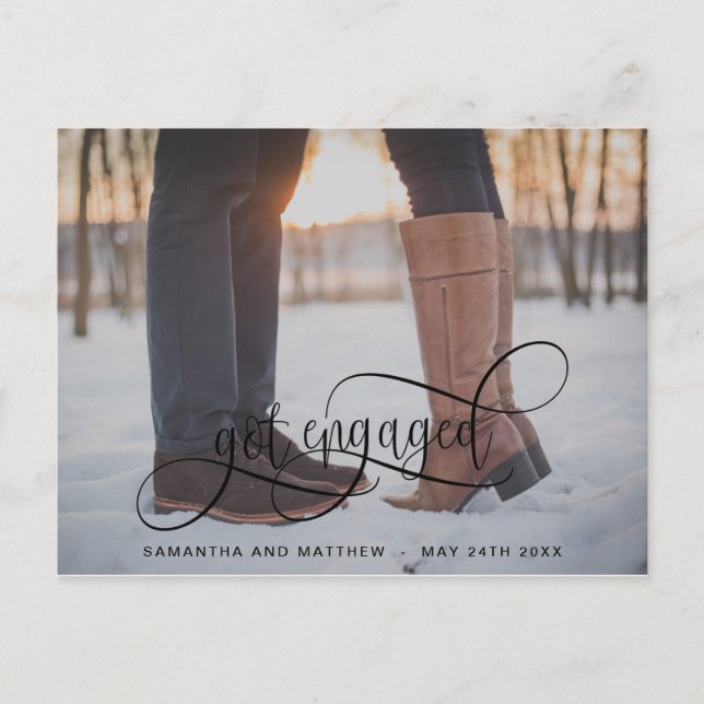 Got Engaged Calligraphy in Black, Photo Engagement Announcement Postcard (Front)