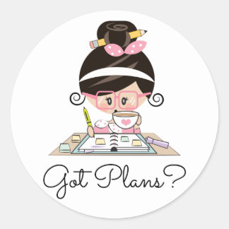 Got Plans Planner Girl Dark Hair Light Skin Classic Round Sticker