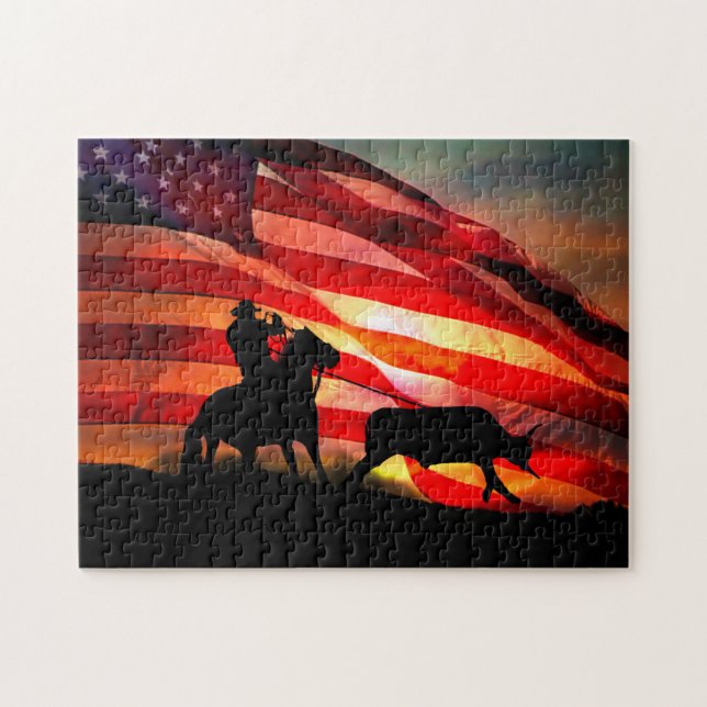 Gotcha  Cowboy and Steer with American Flag Jigsaw Puzzle (Horizontal)