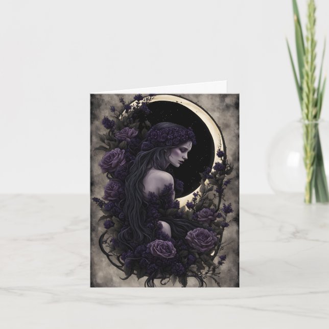 Goth and Purple Roses Halloween Holiday Card (Front)