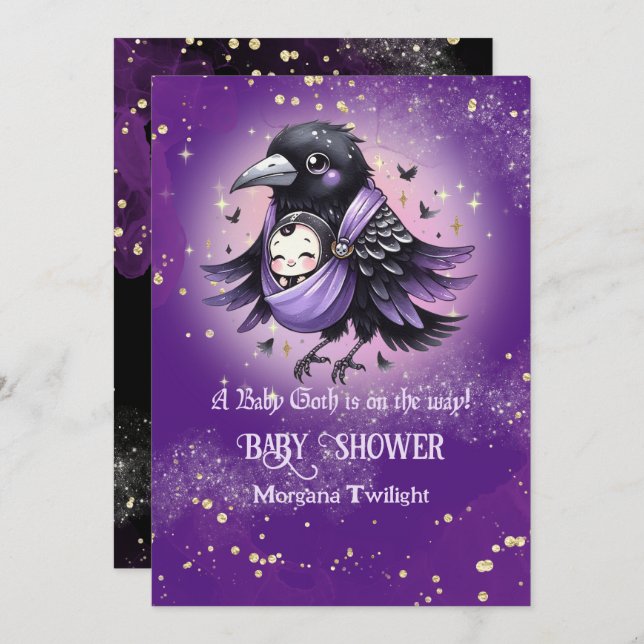Goth Baby Boy Girl Delivered by Crow Moonlight Invitation (Front/Back)