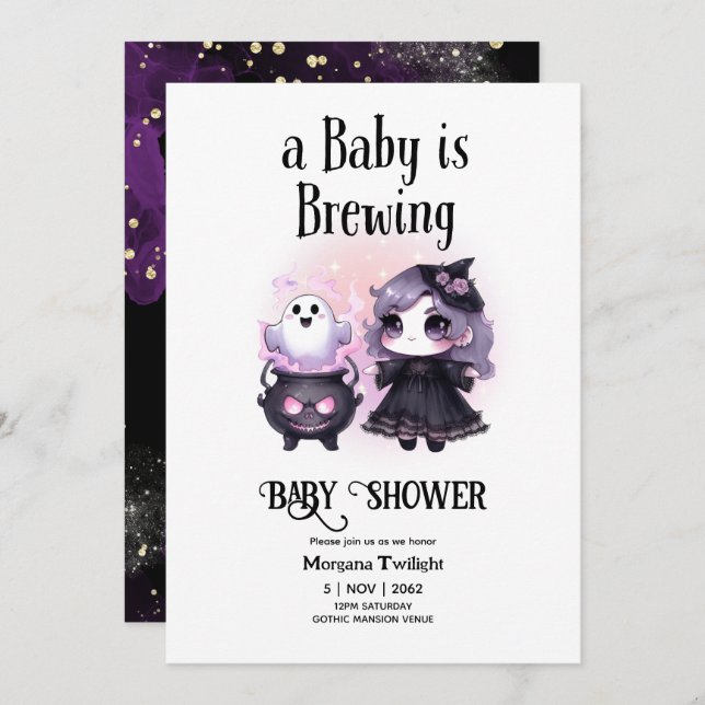 Goth Baby Girl is Brewing Witch Ghost Couldron Invitation (Front/Back)