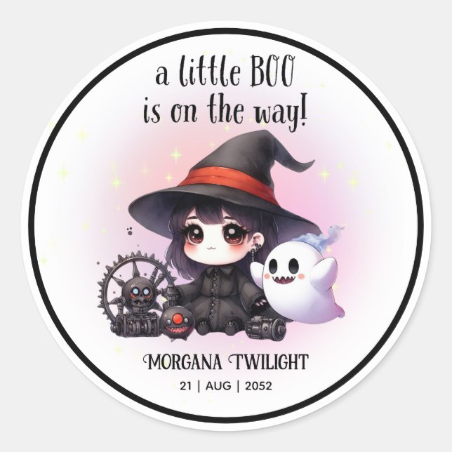 Goth Baby Girl Witch Little Boo on the Way Classic Round Sticker (Front)