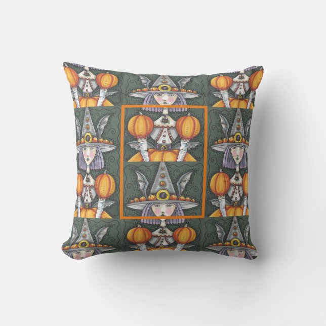 GOTH BAT GIRL WITCH, HALLOWEEN THROW PILLOW (Front)