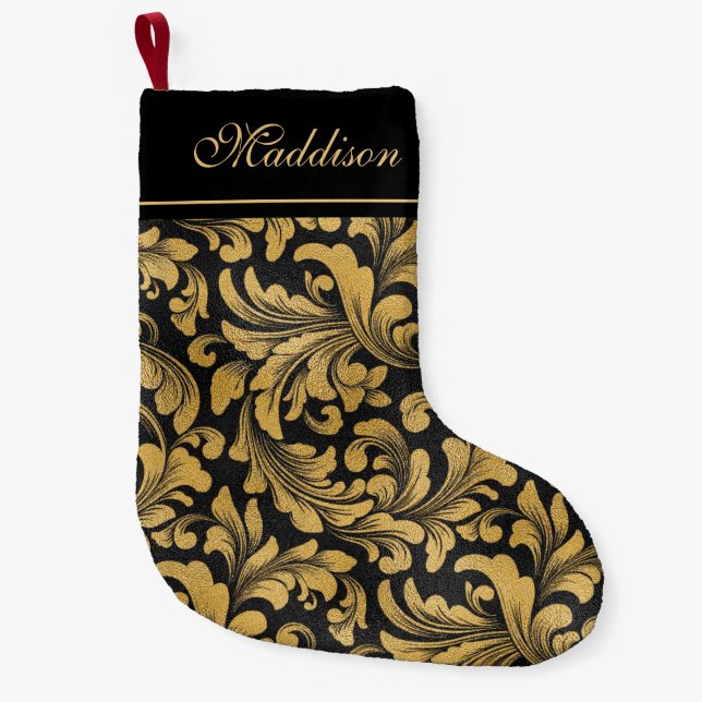 Goth Black And Gold Floral Pattern Small Christmas Stocking (Front)