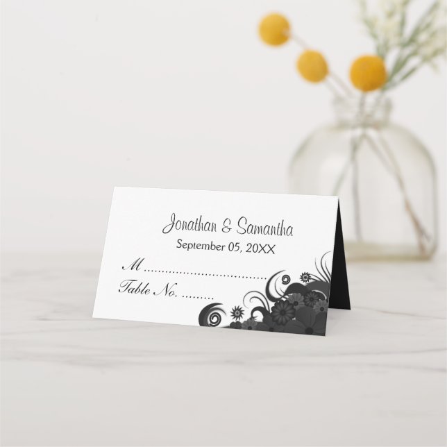 Goth Black and White Hibiscus Floral Folded Table Place Card (Front)