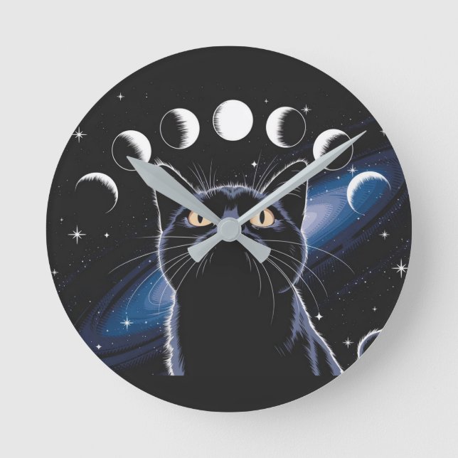 Goth Black Cat, Goth Gift, Witching Hour Black Cat Round Clock (Front)