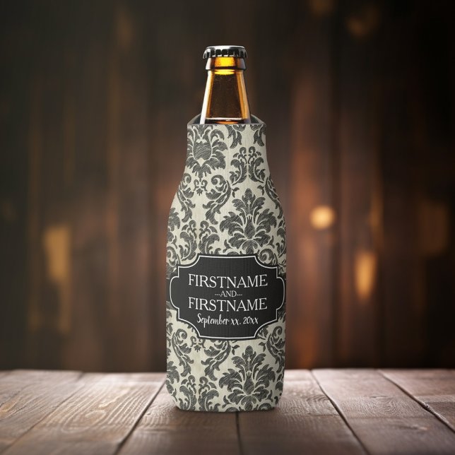 Goth Black Lace and Parchment Wedding Anniversary Bottle Cooler (Personalized Bottle Cooler - Add Name or Custom Text for this Wedding or Anniversary Favor - Black)