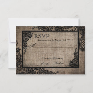 Goth Black Lace Rustic Burlap RSVP Card