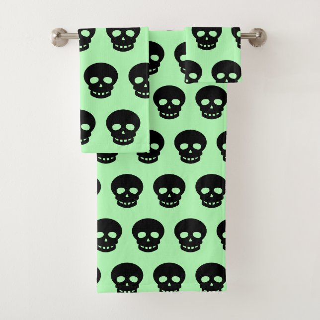 Goth Black Mint Green Skull Pattern Decorative Bath Towel Set (Insitu)