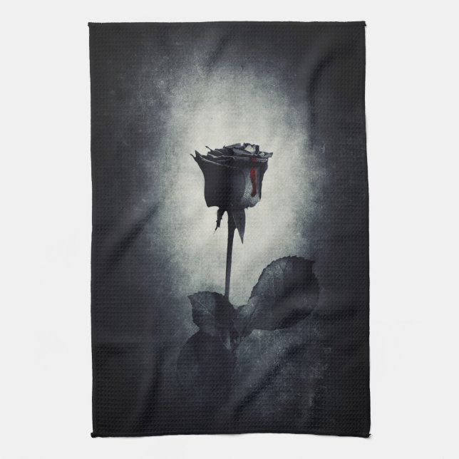 Goth Black Rose Dripping Blood Macabre Tea Towel (Vertical)