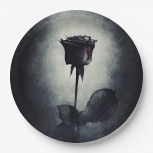 Goth Black Rose Dripping Blood on Black Grunge Paper Plate