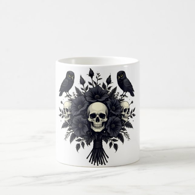 Goth Bouquet with 3 Skulls and 2 Owls Coffee Mug (Center)