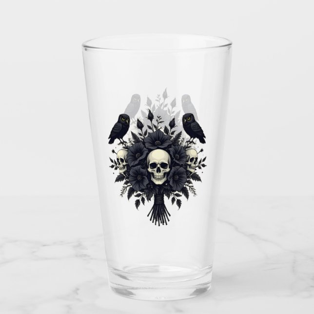 Goth Bouquet with Three Skulls and Two Owls Glass (Front)