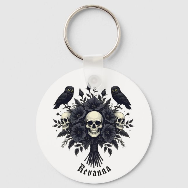 Goth Bouquet with Three Skulls and Two Owls Key Ring (Front)