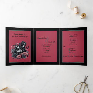 Goth Bride and Groom Black Pink Grey Tri-Fold Invi