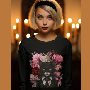 Goth Cat and roses Gothic Black and White cats  T-Shirt
