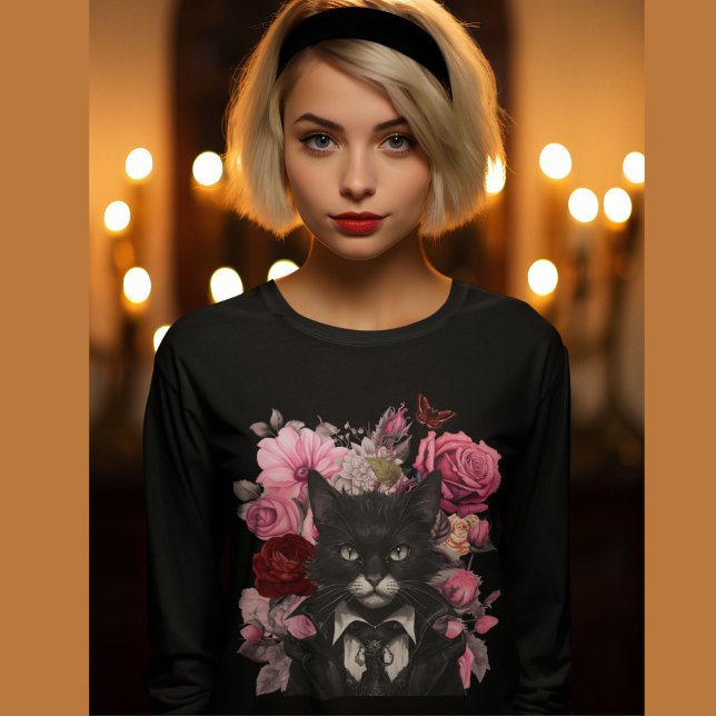 Goth Cat and roses Gothic Black and White cats  T-Shirt (Creator Uploaded)