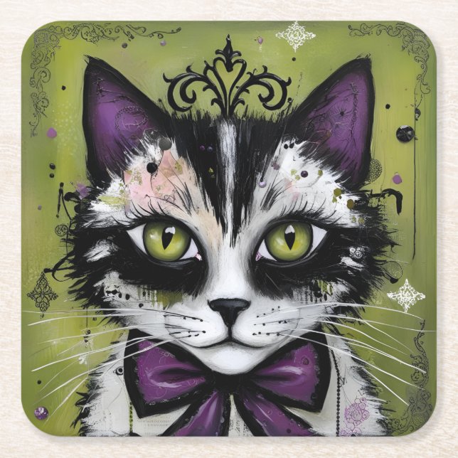 Goth Cat Square Paper Coaster (Front)