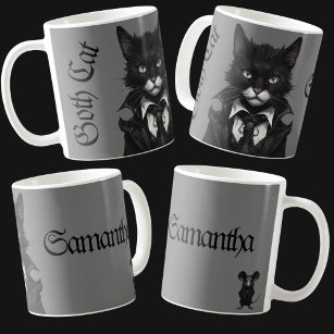 Goth cat with Mouse Personalised Name Dark Coffee Mug