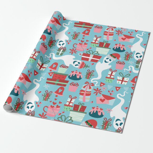 goth christmas horror santa ghosts blue wrapping paper (Unrolled)