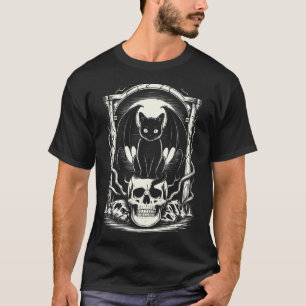 Goth Creepy Black Cat Skull Bat Skeleton Gothic Ca T-Shirt